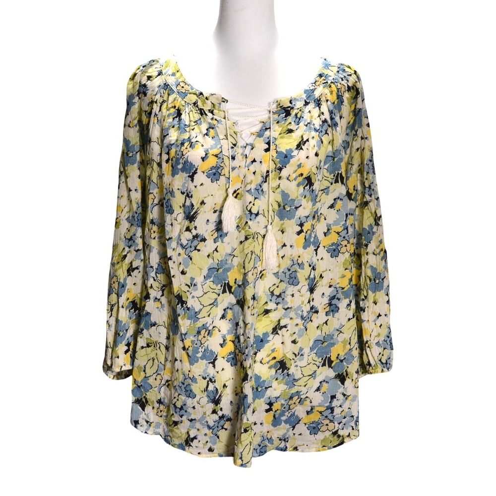 Chaps Floral Peasant Blouse Womens Large Yellow Blue Lace Up Tassel Casual‎ Top